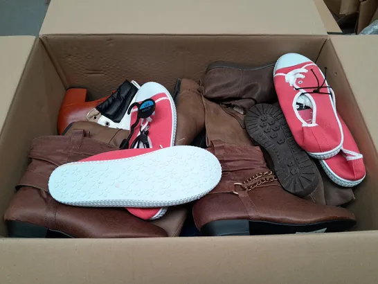 BOX OF APPROXIMATELY 10 ASSORTED PAIRS OF SHOES IN VARIOUS SIZES, COLOURS AND STYLES