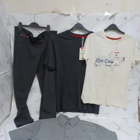 APPROXIMATELY 20 LEE COOPER ORIGINALS PIECES OF CLOTHING TO INCLUDE STRIPE POLO MEDIUM, LARGE OXFORD SHIRT, AND ESSENTIAL CREW TEE LARGE ETC.