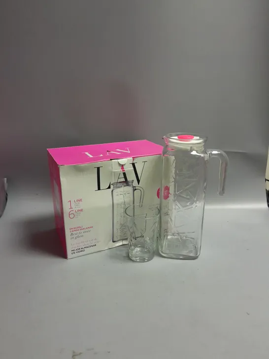 LAV GLASS JUG AND SET OF 6 GLASSES