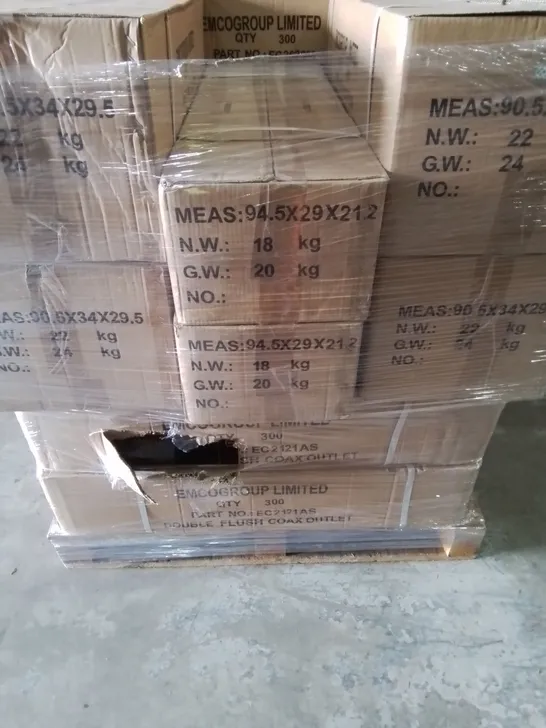 PALLET OF APPROXIMATELY 14 MULTI BOXES OF EMCO TO INCLUDE - CEILING ROSE 3 IN LINE TERMINALS & EARTH , TRIM FLUSH TV AERIAL SOCKET 