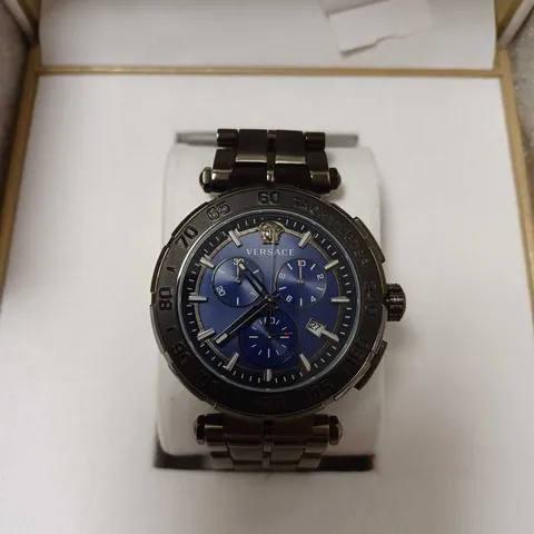 VERSACE GRECA-CHRONO 45 MM MENS BLUE DIAL IP BRACELET WATCH