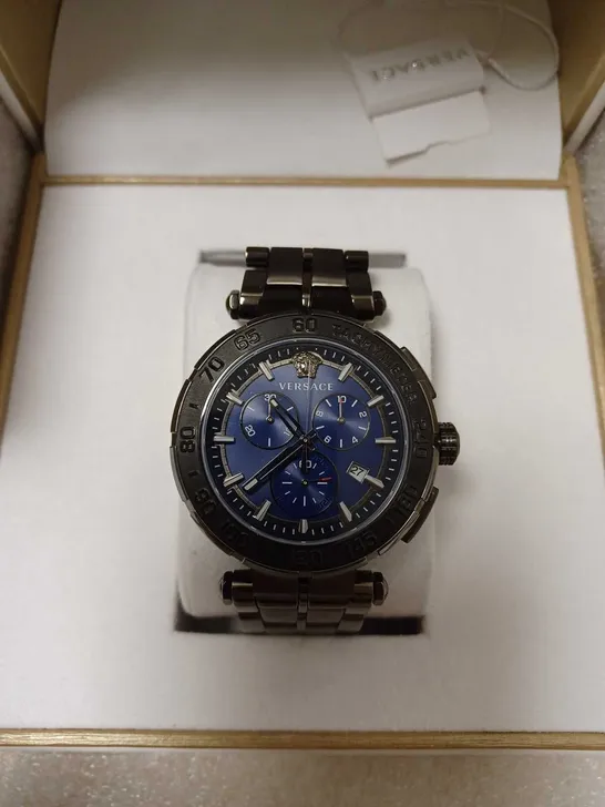 VERSACE GRECA-CHRONO 45 MM MENS BLUE DIAL IP BRACELET WATCH RRP £1150