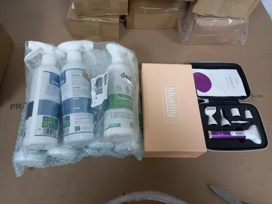  BOX OF APROX 10 ITEMS TO INCLUDE - DISINFECTION SPRAY - BLUSHLY - TILT HAIR TRIMER 