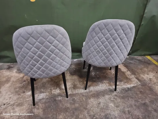 PAIR OF UPHOLSTERED DINING CHAIRS WITH QUILTED BACKS GREY FABRIC ON BLACK LEGS