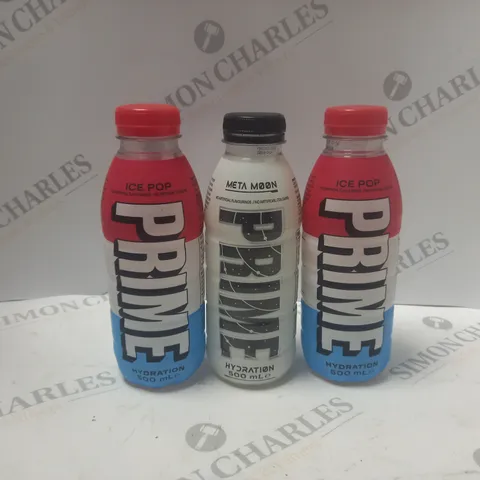 LOT OF 3 BOTTLES OF PRIME HYDRATION PRIME IN META MOON AND ICE POP FLAVOUR