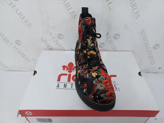 BOXED PAIR OF RIEKER LACE UP BOOTS MULTI/FLORAL PATTERN - SIZE 5