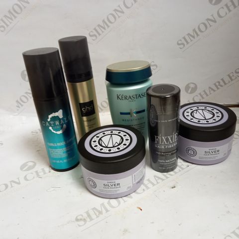 LOT OF 6 ASSORTED HAIRCARE PRODUCTS TO INCLUDE GHD HEAT PROTECT, MARIA NILA SILVER MASK, FIXXIE HAIR BUILDING FIBERS, ETC