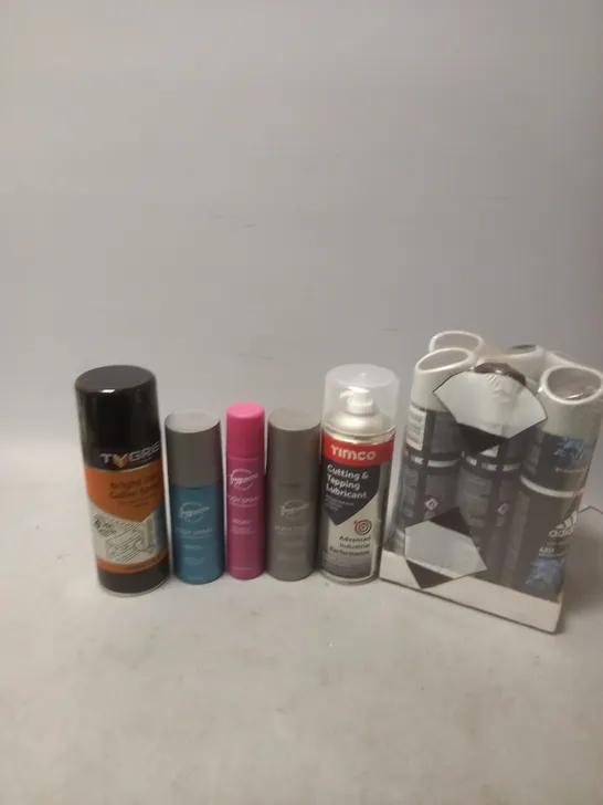 APPROXIMATELY 12 ASSORTED AEROSOLS TO INCLUDE ADIDAS BODY SPRAY, BRIGHT ZINC CALVE SPRAY, AND PEONY BODY SPRAY ETC. 