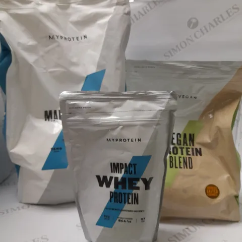 LOT OF 3 ASSORTED MYPROTEIN PRODUCTS TO INCLUDE MALTODEXTRIN SUPPLEMENT 5KG, IMPACT WHEY PROTEIN 500G, VEGAN PROTEIN BLEND CHOCOLATE SALTED CARAMEL 1KG