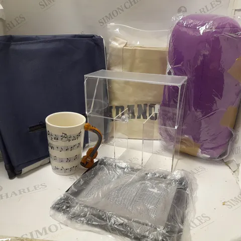 LOT OF APPROX 6 ASSORTED HOUSEHOLD ITEMS TO INCLUDE MUSICAL DESIGN MUG, CLEAR STORAGE ORGANIZER, ADANOLA VARSITY TOTE BAG, ETC