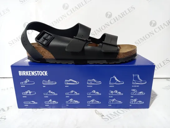 BOXED PAIR OF BIRKENSTOCK MILANO BS OPEN TOE SANDALS IN BLACK UK SIZE 7.5