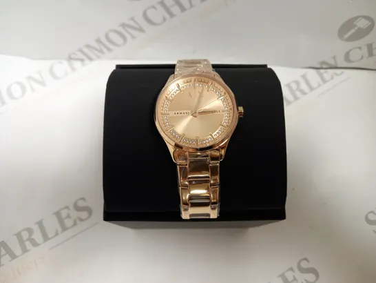 BOXED ARMANI EXCHANGE HAMPTON LADIES WATCH WITH ROSE GOLD BRACELET STYLE STRAP