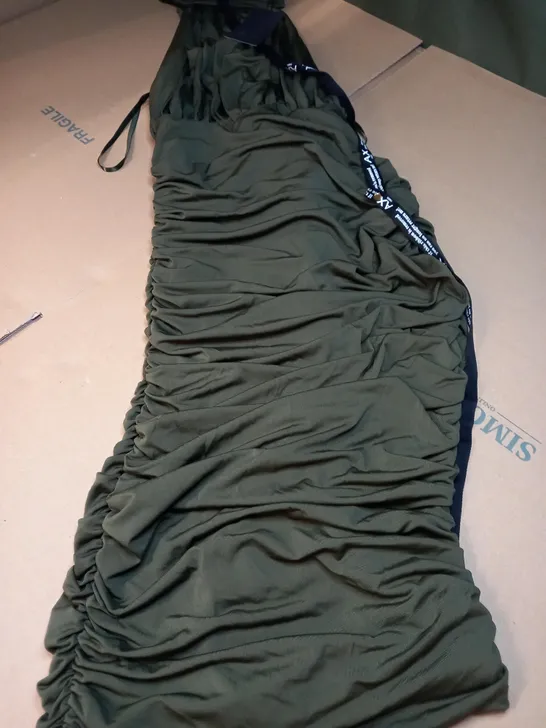 AX PARIS OLIVE RUCHED HIGH NECK MIDI DRESS - SIZE 10