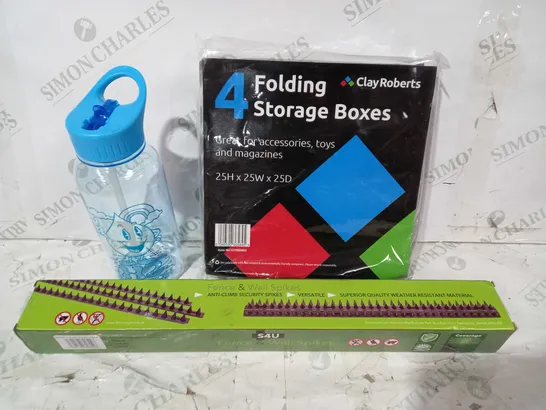 BOX OF APPROXIMATELY 15 ASSORTED HOUSEHOLD ITEMS TO INCLUDE DRINK IT UP BOTTLE, CLAY ROBERTS FOLDING STORAGE BOXES, S4U FENCE & WALL SPIKES, ETC