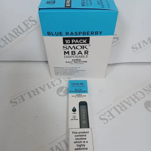 BOX OF APPROXIMATELY 10 BOXES OF BLUE RASPBERRY 10 PACK SMOK M BAR DISPOSABLE 20MG SALT NICOTINE