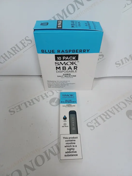 BOX OF APPROXIMATELY 10 BOXES OF BLUE RASPBERRY 10 PACK SMOK M BAR DISPOSABLE 20MG SALT NICOTINE