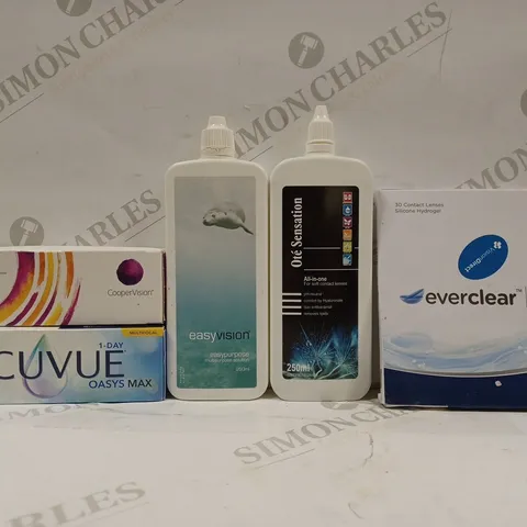 BOX OF APPROX 25 ASSORTED VISION CARE ITEMS TO INCLUDE - ACUVUE 1 DAY OASYS MAX - EVERCLEAR ELITE 30 CONTACTS - EASY VISION MULTI PURPOSE SOLUTION ECT