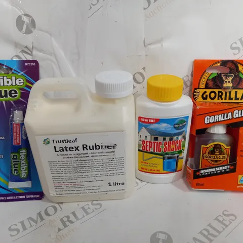 BOX OF APPROXIMATELY 12 ASSORTED ITEMS TO INCLUDE - FLEXIBLE GLUE - GORILLA GLUE - TRUSTLEAF LATEX RUBBER ECT