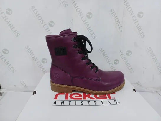 BOXED PAIR OF RIEKER LACE UP BOOTS IN PURPLE SIZE 5 