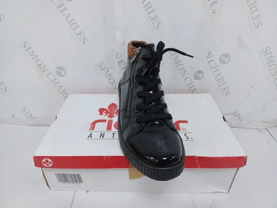 BOXED PAIR OF RIEKER HIGH TOP CUFFED TRAINERS IN BLACK - SIZE 7.5