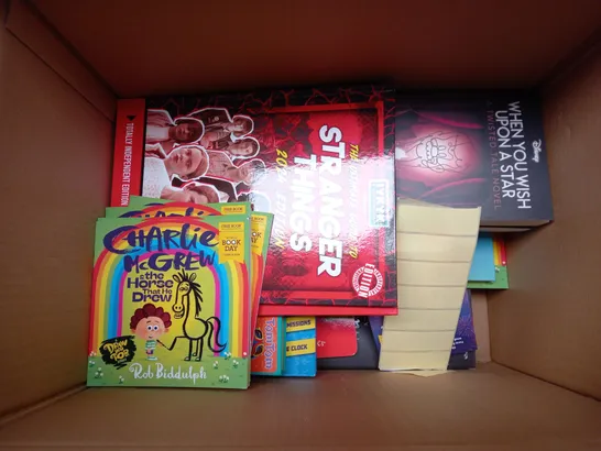 BOX OF APPROXIMATELY 10 ASSORTED BOOKS AND TOYS TO INCLUDE STRANGER THINGS, ROBLOX AND DISNEY PRINCESS