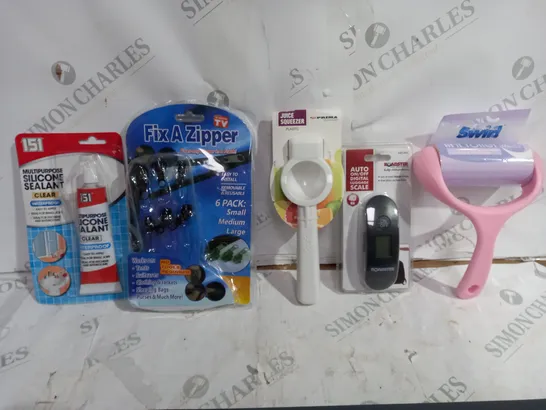 BOX OF APPROXIMATELY 10 ASSORTED ITEMS TO INCLUDE - FIX A ZIPPER - JUICE SQUEEZER - MULTIPURPOSE SILICONE SEALANT ECT 