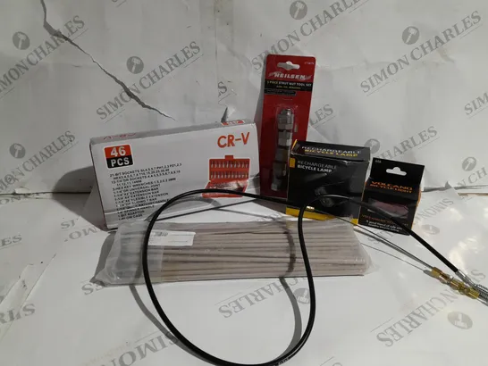 APPROXIMATELY 20 ASSORTED ITEMS TO INCLUDE VOLCANO BICYCLE LIGHT, RECHARGEABLE BICYCLE LAMP, HONDA LAWNMOWER CLUTCH CABLE, 21-BIT SOCKET SET, WELD RIGHT ER316L ELECTRODES ETC. 