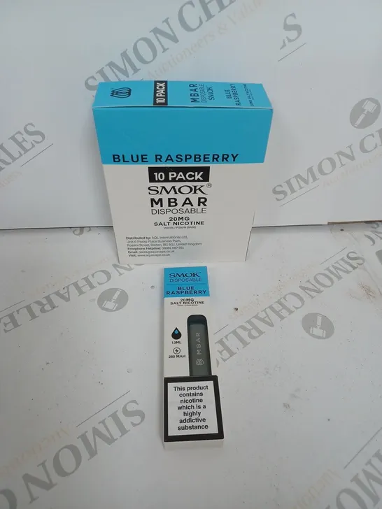 BOX OF APPROXIMATELY 10 BOXES OF BLUE RASPBERRY 10 PACK SMOK M BAR DISPOSABLE 20MG SALT NICOTINE