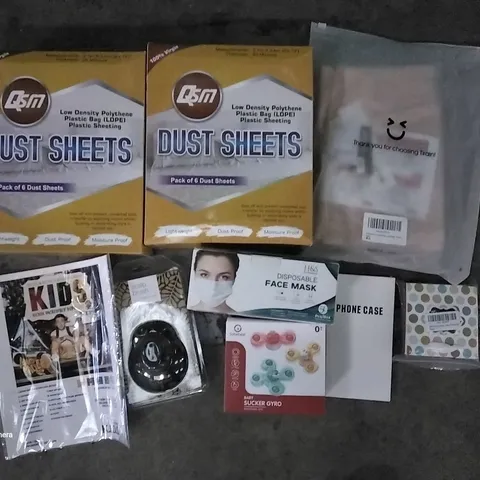 PALLET OF ASSORTED ITEMS INCLUDING DUST SHEETS, MAC MILLER ALBUM WALL ART, DISPOSABLE FACE MASK, SCALP BRUSH, PHONE CASE, BABY SUCKER GYRO