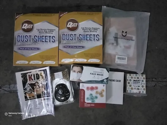 PALLET OF ASSORTED ITEMS INCLUDING DUST SHEETS, MAC MILLER ALBUM WALL ART, DISPOSABLE FACE MASK, SCALP BRUSH, PHONE CASE, BABY SUCKER GYRO