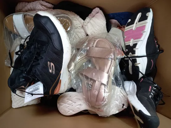 BOX OF APPROXIMATELY 15 ASSORTED CLOTHING AND FOOTWEAR ITEMS IN VARIOUS STYLES AND SIZES TO INCLUDE SKECHERS, VIONIC, ETC