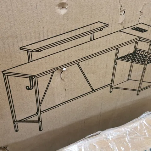 BOXED L-SHAPED COMPUTER DESK WITH POWER OUTLET.