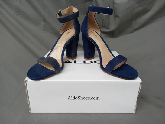 BOXED PAIR OF ALDO JERAYCLYA OPEN TOE BLOCK HEEL SANDALS IN NAVY UK SIZE 3