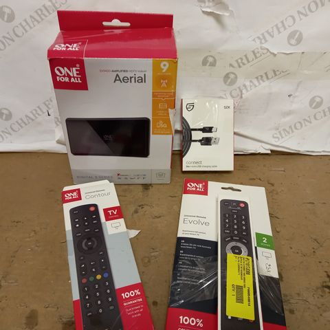 LOT OF APPROX 10 ASSORTED ONE FOR ALL ITEMS TO INCLUDE INDOOR AERIAL, UNIVERSAL REMOTE, TV SIGNAL BOOSTER, ETC