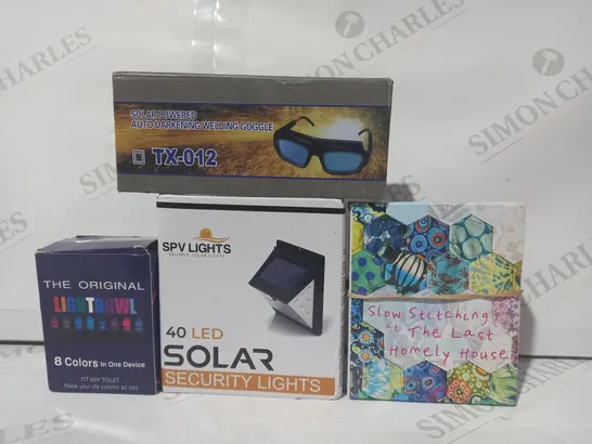 LOT OF APPROXIMATELY 10 ASSORTED HOUSEHOLD ITEMS TO INCLUDE SOLAR POWERED AUTO DARKENING WELDING GOGGLES, SOLAR SECURITY LIGHT, ETC