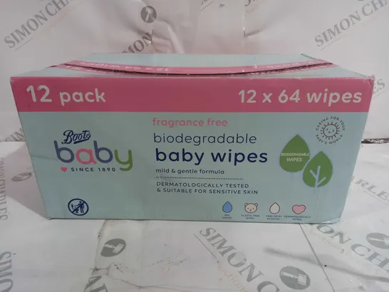 BOXED BOOTS BABY BIODEGRADEABLE BABY WIPES - 12 X 64 WIPES