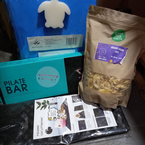 PALLET OF ASSORTED PRODUCTS TO INCLUDE; ORGANIC BANANA CHIPS, PILTE BAR, FOLDING CAT LITTER MAT, ETC