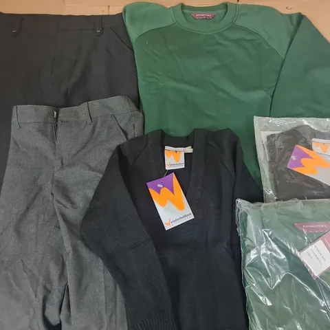 LARGE QUANTITY OF ASSORTED SCHOOL UNIFORM ITEMS TO INCLUDE GREY/BLACK TROUSERS AND JUMPERS IN BLACK/GREEN - VARIOUS SIZES