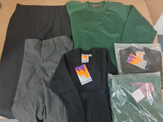 LARGE QUANTITY OF ASSORTED SCHOOL UNIFORM ITEMS TO INCLUDE GREY/BLACK TROUSERS AND JUMPERS IN BLACK/GREEN - VARIOUS SIZES