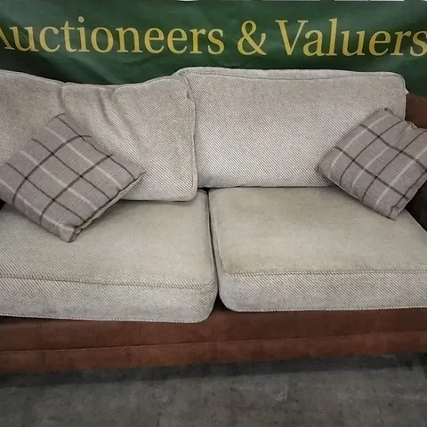 QUALITY DESIGNER TAN LEATHER 2 SEATER SOFA WITH BEIGE CUSHIONS