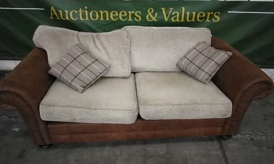 QUALITY DESIGNER TAN LEATHER 2 SEATER SOFA WITH BEIGE CUSHIONS