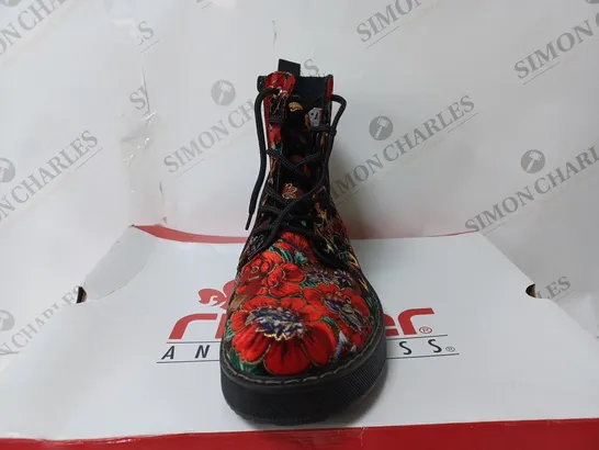 BOXED PAIR OF RIEKER LACE UP BOOTS IN MULTI FLORAL UK SIZE 7.5