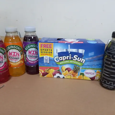 LOT OF 12 ASSORTED DRINKS TO INCLUDE CAPRI SUN, PRIME AND ROBINSONS