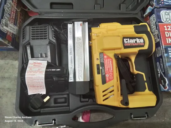 BOXED CLARKE 18V CORDLESS NAILER/STAPLER WITH BATTERY AND CHARGER