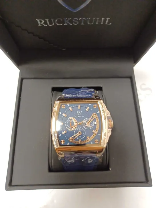 RUCKSTUHL BLUE TRIPLE DIAL LEATHER STRAP WRISTWATCH