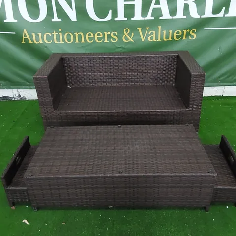 DESIGNER BROWN RATTAN GARDEN/PATIO SOFA AND COFFEE TABLE - MISSING GLASS TOP