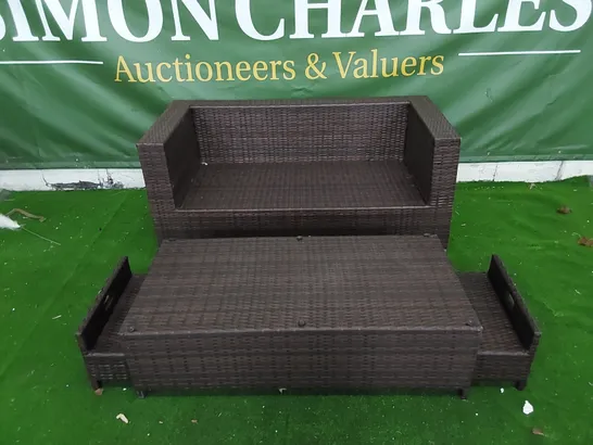 DESIGNER BROWN RATTAN GARDEN/PATIO SOFA AND COFFEE TABLE - MISSING GLASS TOP