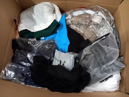 BOX OF ASSORTED CLOTHING ITEMS TOO INCLUDE JUMPERS, SHIRTS AND TROUSERS IN VARIOUS SIZES AND COLOURS   