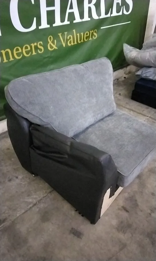 BLACK LEATHER ARMCHAIR WITH GREY CUSHIONS (MISSING ARM)