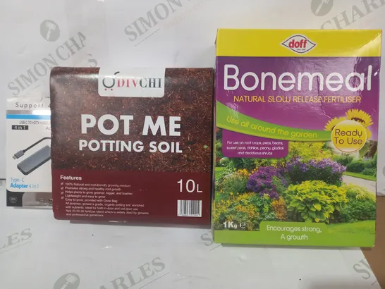 LOT OF APPROXIMATELY 10 ASSORTED HOUSEHOLD ITEMS TO INCLUDE BONEMEAL SLOW RELEASE FERTILISER, POT ME POTTING SOIL, SUPPORT 4K 4-IN-1 TYPE-C ADAPTER, ETC